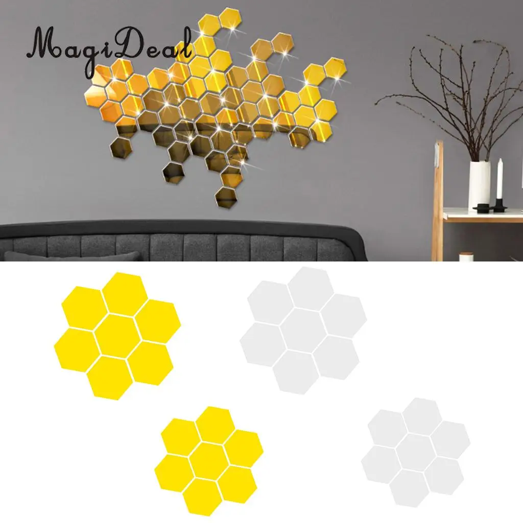 7Pcs 3D Mirror Surface Hexagon Vinyl Removable Sticky Wall Sticker Decal Coffee Cafe Bar Chic Decor Art Mural DIY