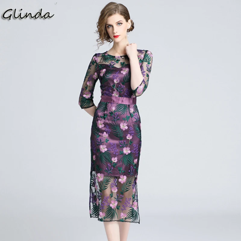 

Summer Mesh Embroidery Floral Vintage Dress Women O Neck Half Sleeve Office Work Dress Elegant Evening Party Dresses