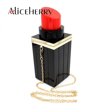 

Women Evening Bags Black White Mini Acrylic Bag Lipstick SHape Party Clutch Purse Fashion Banquet Crossbody Handbag For Lady