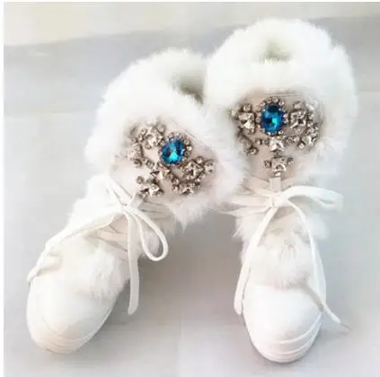 Зимние ботинки на натуральном кроличьем меху Стразы теплые ботинки со стразами под бриллианты Женская плотная теплая Высокая обувь Зимние сапоги; Большие размеры 41 - Цвет: C