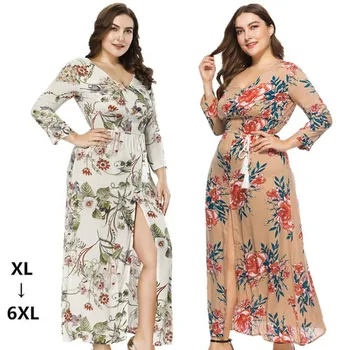 

QMGOOD Spring Hot Sale Bohemian Print Women Dress Big Size High Waist Elegant Dress Vintage Sexy Dress V-Neck Maxi Dresses 6XL
