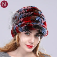 Зимний Теплый Женский Настоящий мех кролика, шапка в полоску, вязаная, натуральный мех кролика Рекс, бейсболки, Цветочная женская меховая заколка, бренд