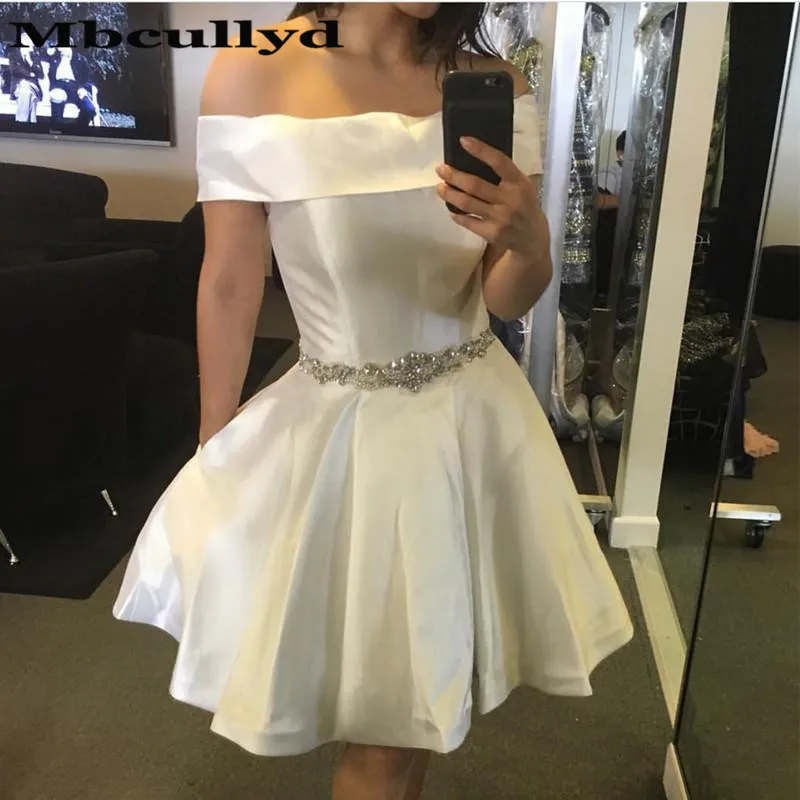 

Mbcullyd Sexy Short White Cocktail Dresses 2019 Bling Crystal Knee Length Prom Dresses Party For Women Customize robe cocktail