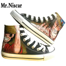 Unisex Black Luffy Ace Bro Breathable Shoe Lace-Up One Piece Series Hand Painted Canvas Shoes Footwear for Male Female