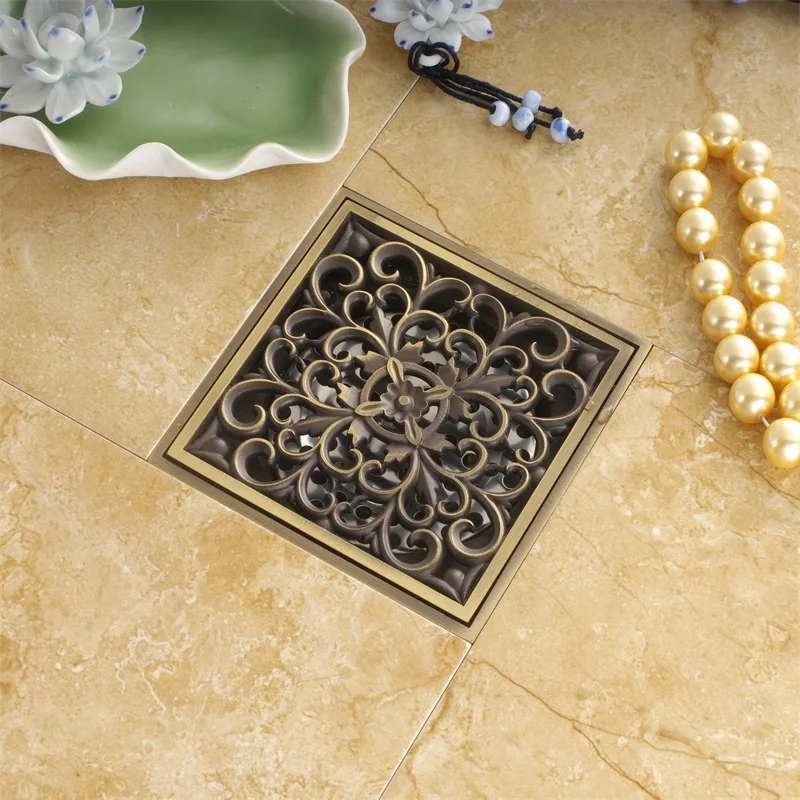 Antique Brass Carved Flower Art Floor Drain Grate Square Drain Bathroom