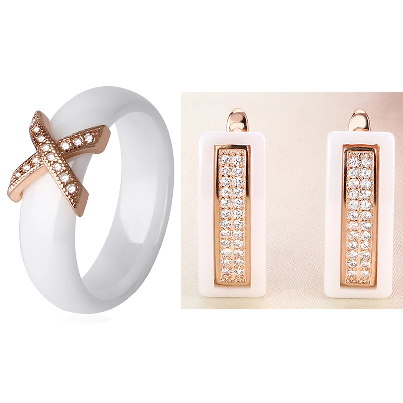 

2018 Rose Gold Ceramic Jewelry Set Crystal Letter X 6MM Rings Rectangle U Shaped Earrings For Women Elegant Healthy Jewelry Gift