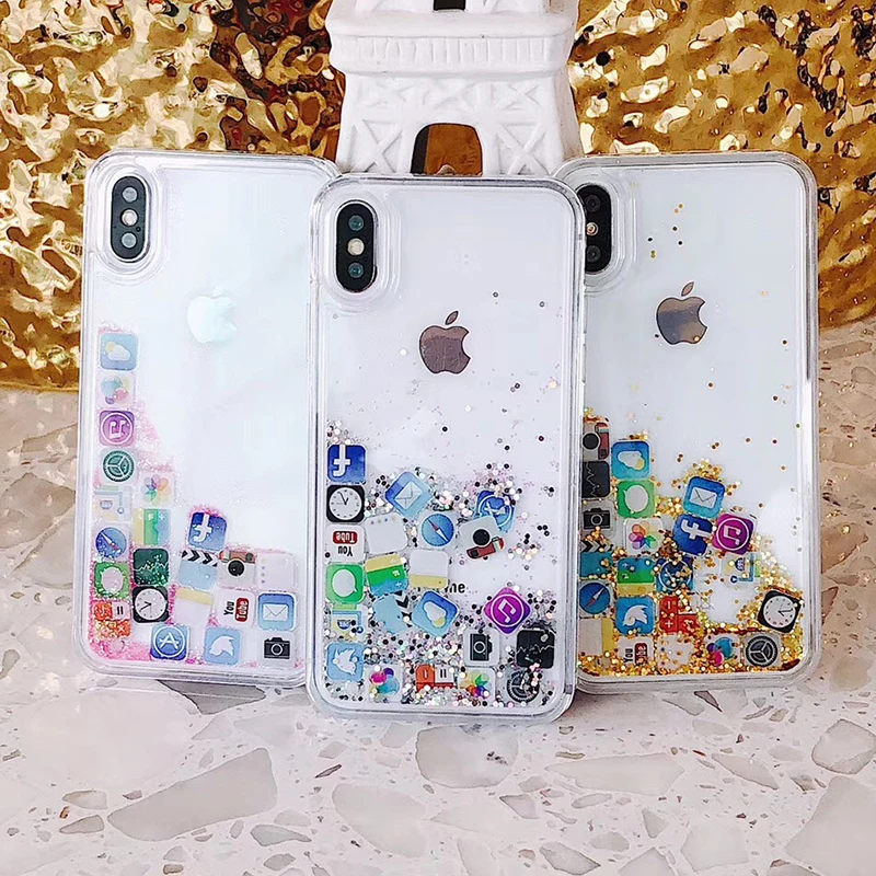 Lewinsky Cute Amusing Mobile apps Icon pattern phone Case cover For iphone X 6 6s Plus 7 8 plus Glitter Liquid Quicksand Cases (1)