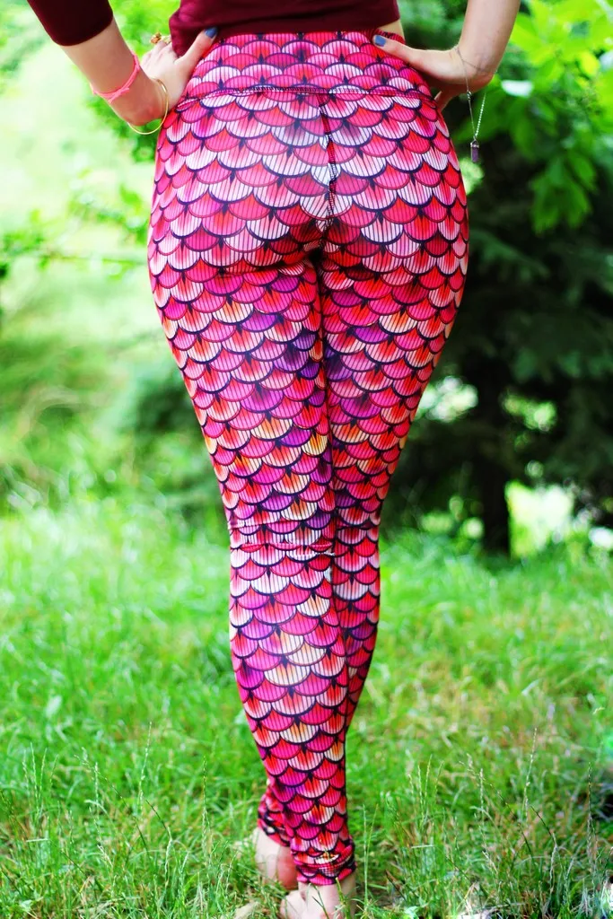 Pink mermaid fish scales yoga pants yoga leggings fitness activewear gear outfits legging for women dragon scales (6)