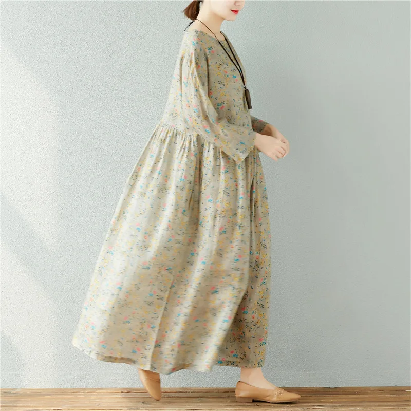 Printemps Vintage Kaki jaune Imprimé Ramie Été Imprimer Robe Dames Femmes Plissée 2018 Rétro gBxUdq8dwn