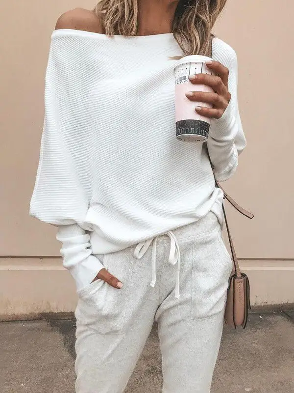 Winter Sweater Women Knitted Pullover Slash Neck Sweater Casual Bat Long Sleeve Autumn Clothes Fashion Sheath Sexy Soft Pullover