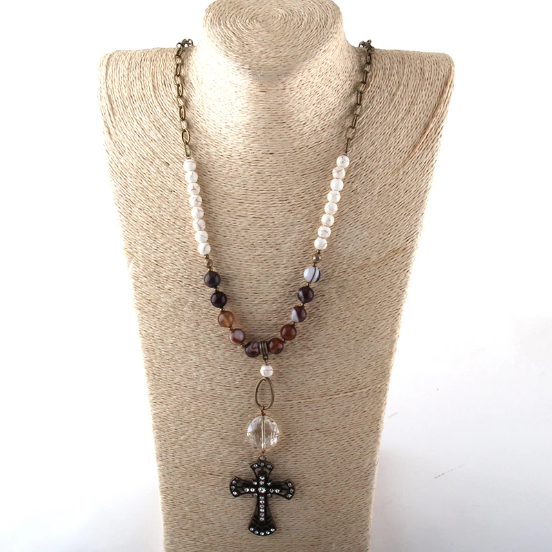 

New Styles Fashion Jewelry Long Chain Stone and Glass link Crystal Cross Pendant Necklaces For Women Ethnic Necklace Dropship