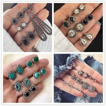 

5Pairs /Set Boho Arrow Cross Moon Flower Gem Earrings Set Women Punk Stud Earrings Set Personality Party Clothing Jewelry