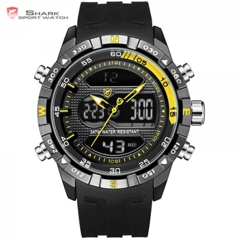 

New Design SHARK Men Stopwatch Calendar Auto Date Alarm LCD Clock Dual Time Silicone Band erkek kol saati Dress Watches / SH599
