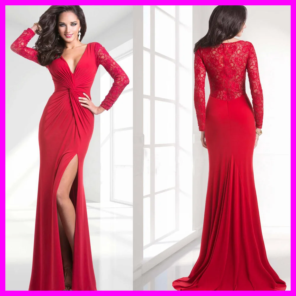 Nice Red V Neck Long Sleeve Lace Evening Dress Pleat Side Slit Sexy Dress Party Evening Elegant 