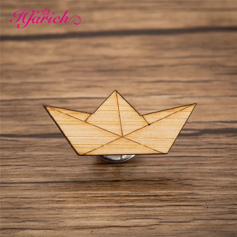 

Hfarich Paper Boat Enamel Pin Badge Cartoon Origami Wood Brooch Voyage Cowboy lapels Pin Brooches Thousand paper crane