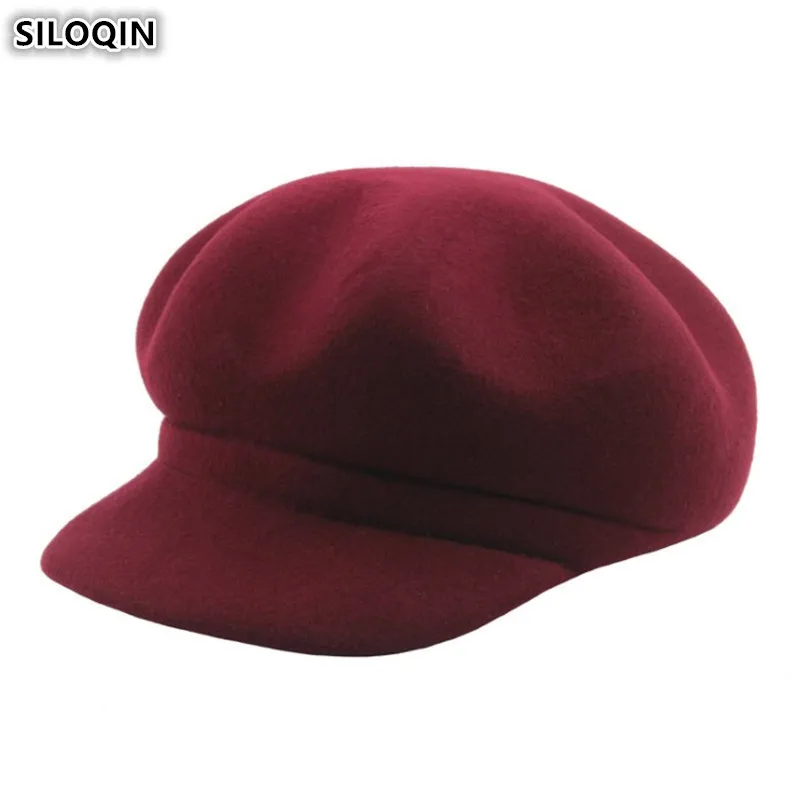 Online SILOQIN elegantes sombreros de Otoño Invierno para mujer gorras 100% de lana para chico de los periódicos abrigadas boinas gruesas para Mujeres Nuevo estilo liso Simple sombrero femenino