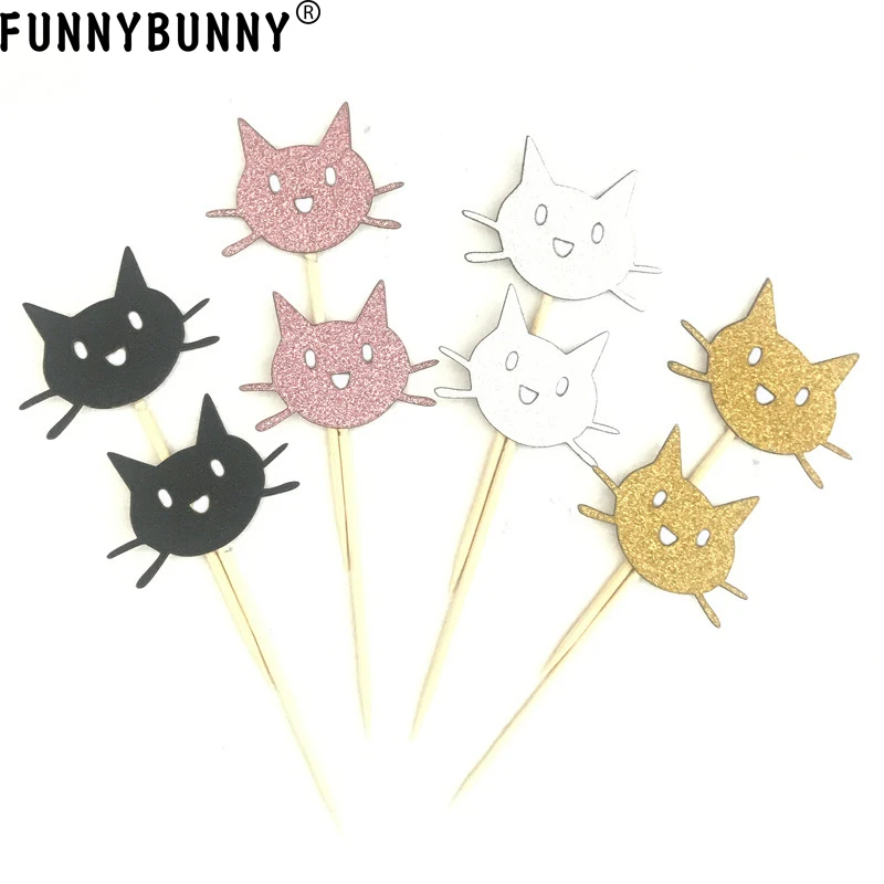 FUNNNYBUNNY Кот кекс топперы блестящий черный золотой серебряный и розовый милый кот