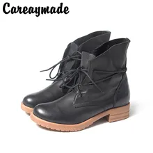 Careaymade-, новые весенние мягкие полусапожки из натуральной кожи в стиле ретро женские ботинки-трубы со шнуровкой на низком каблуке черный и коричневый цвета