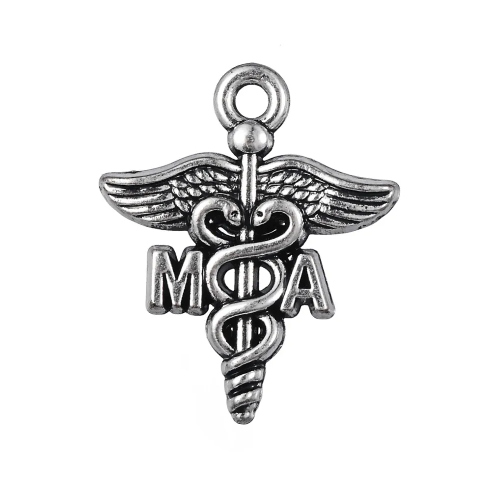 

RAINXTAR Antique Silver Color Medical Assistant MA Charms Profession Caduceus Charm 50pcs 19*23mm AAC1618