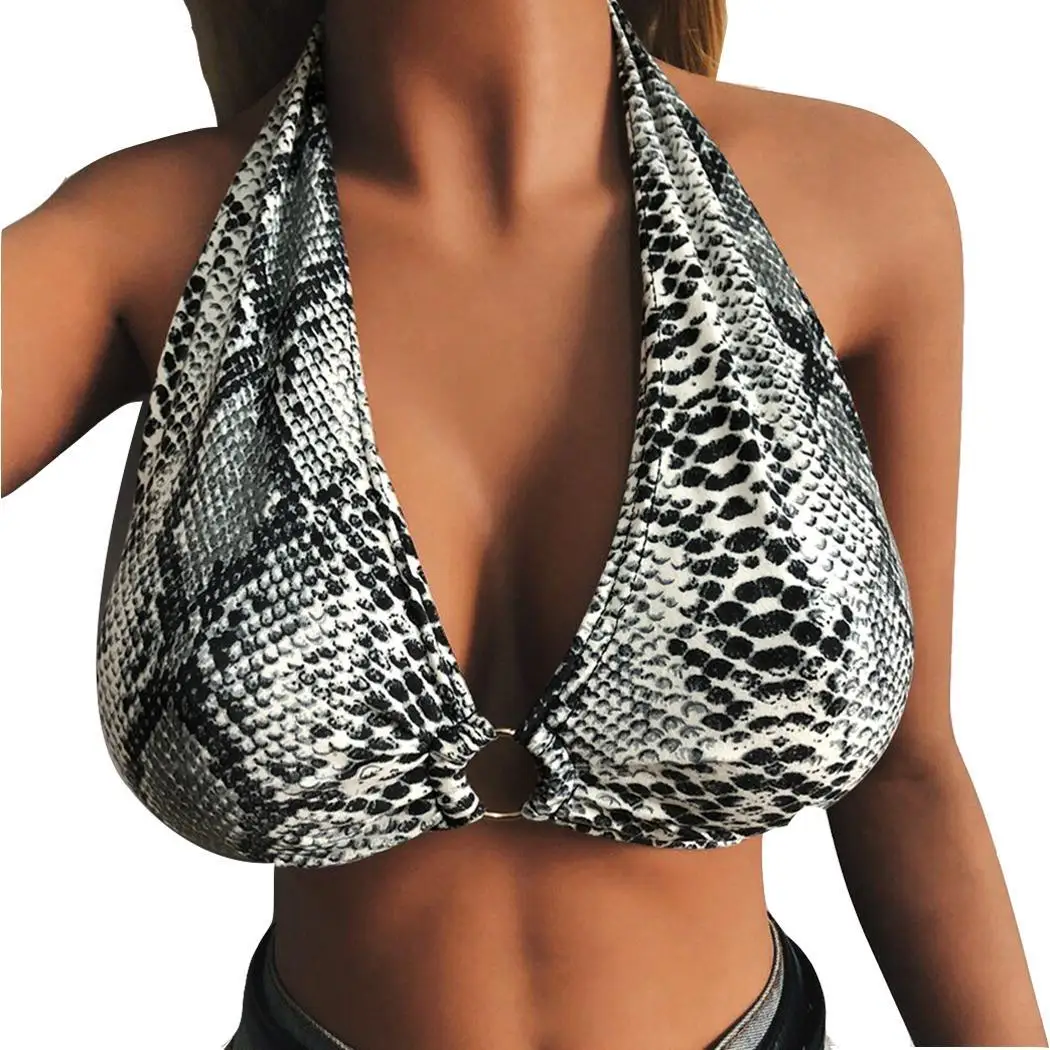 

Women Fashion Summer Lingerie Bra Snake Skin Pattern Front Circle Halter Casual Slim Back Closure Neck Bra
