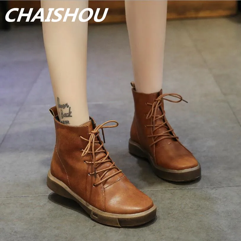 

CHAISHOU autumn new women's shoes round head lace-up flat bottom comfortable female Martin boots student casual women's boots