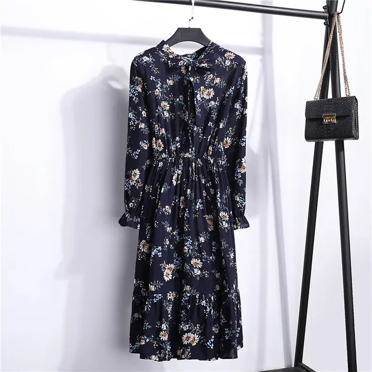 24 Types Floral Print Dresses Women Autumn Chiffon Dress Casual Bowknot O-Neck Long Sleeve Vestidos Mujer Retro Robe Femme Dress (32)