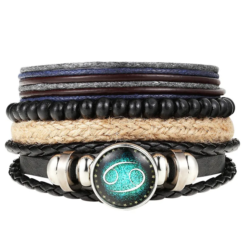 4Pcs/set Black Leather Zodiac 12 Constellation Sign with bead zodiac Bracelet Bracelets &amp Bangles For Women Men | Украшения и