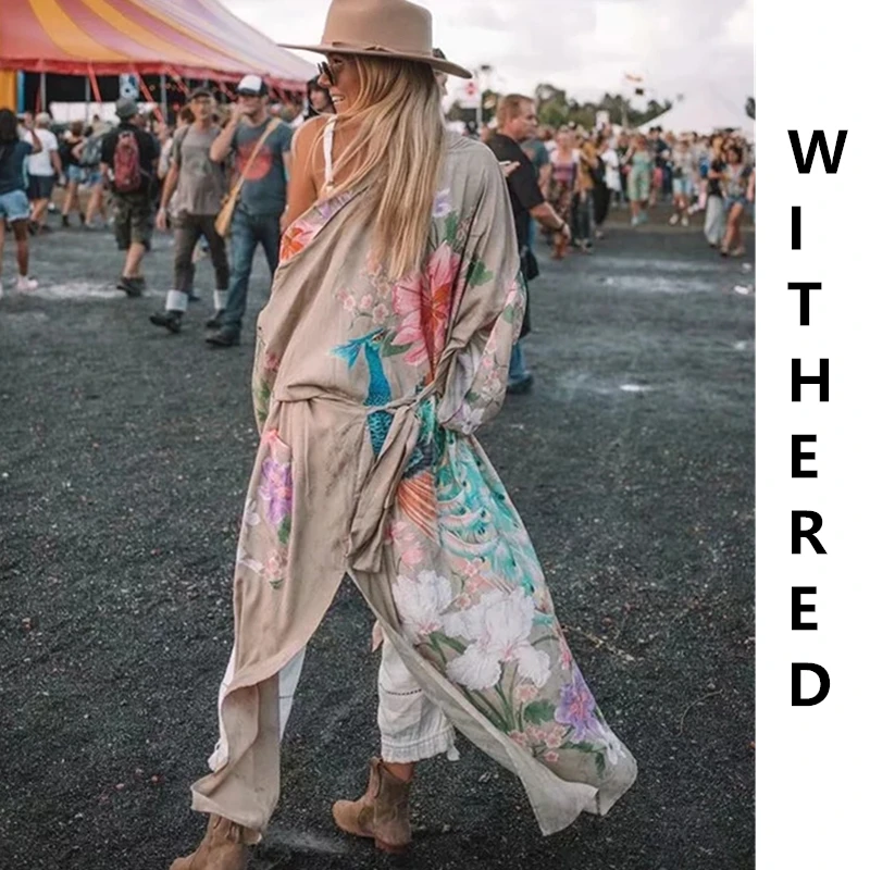 Withered trench women bohemian vintage Peacock and floral printing Wrap around kimono cardigan trench long coat women plus size