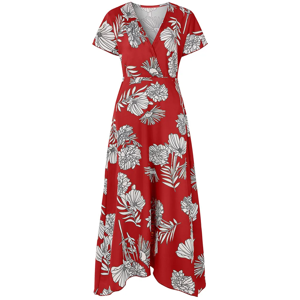 

new design Hot Sale Summer Print Empire Dress Summer Womens Fashion Casual Print V-Neck Asymmetrical Ankle-Length Dress