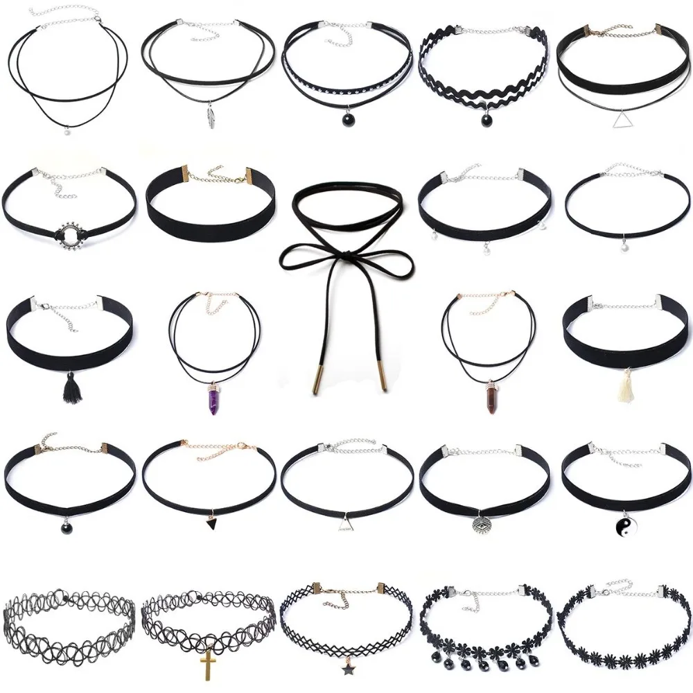 24 pcs Fashion Black Velvet Choker Lace Necklace Set Tattoo Collar Pendant Tassels for Charm Women Chokers Necklace 4 pcs tassels pendant bags set