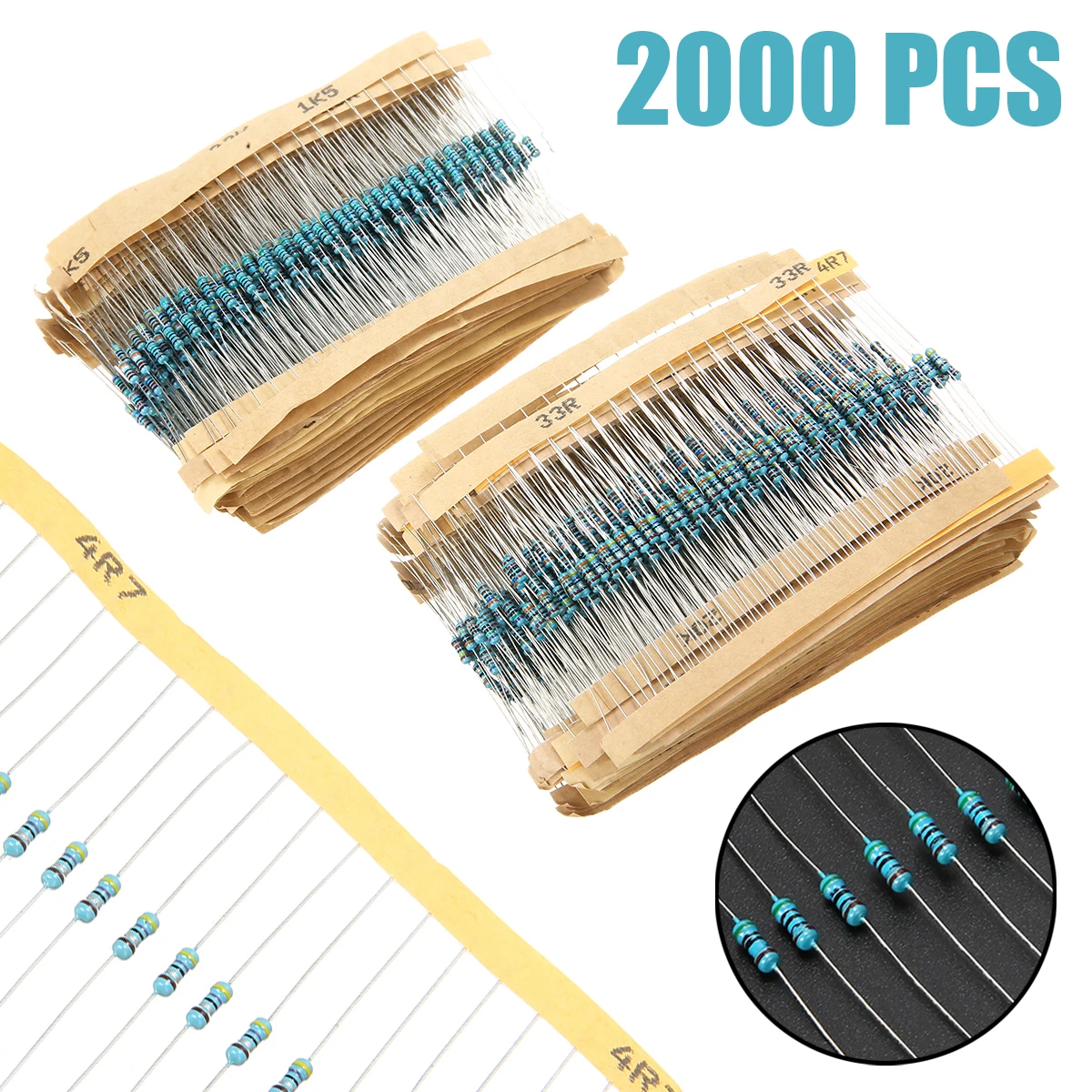 2000pcs 100 Values 1ohm~1M 1/4W Metal Film Resistors Assortment Components Kit 