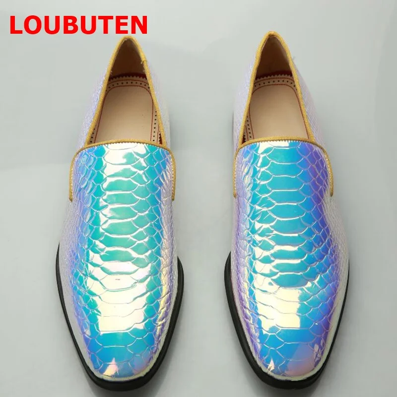 LOUBUTEN/Яркие Кожаные мужские лоферы со змеиным узором; новые модные мужские вечерние и свадебные туфли без застежки; модельные туфли размера плюс