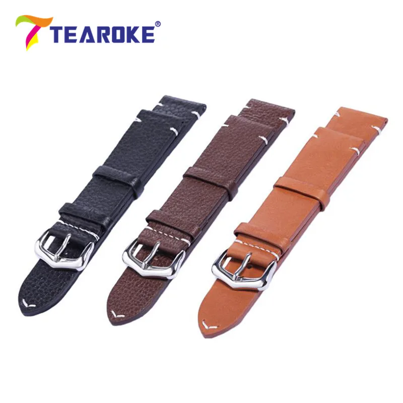 

TEAROKE Solid Genuine Leather Men Watch Band 18mm 20mm 22mm Silver Mental Buckle Clasp Band Strap Watch Accessories High Quality