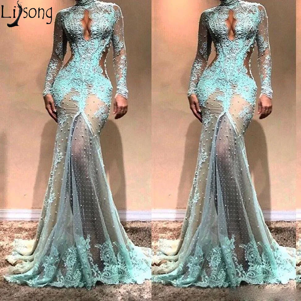 Long Sleeves Mermaid Prom Dresses 2019 High Neck See Through Lace Formal Evening Dress Cutaway SIde Celebrity Gowns159