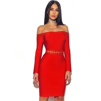

winter top quality slash neck off the shoulder lace-up full red sexy evening party bodycon pub bandage dress wholesale