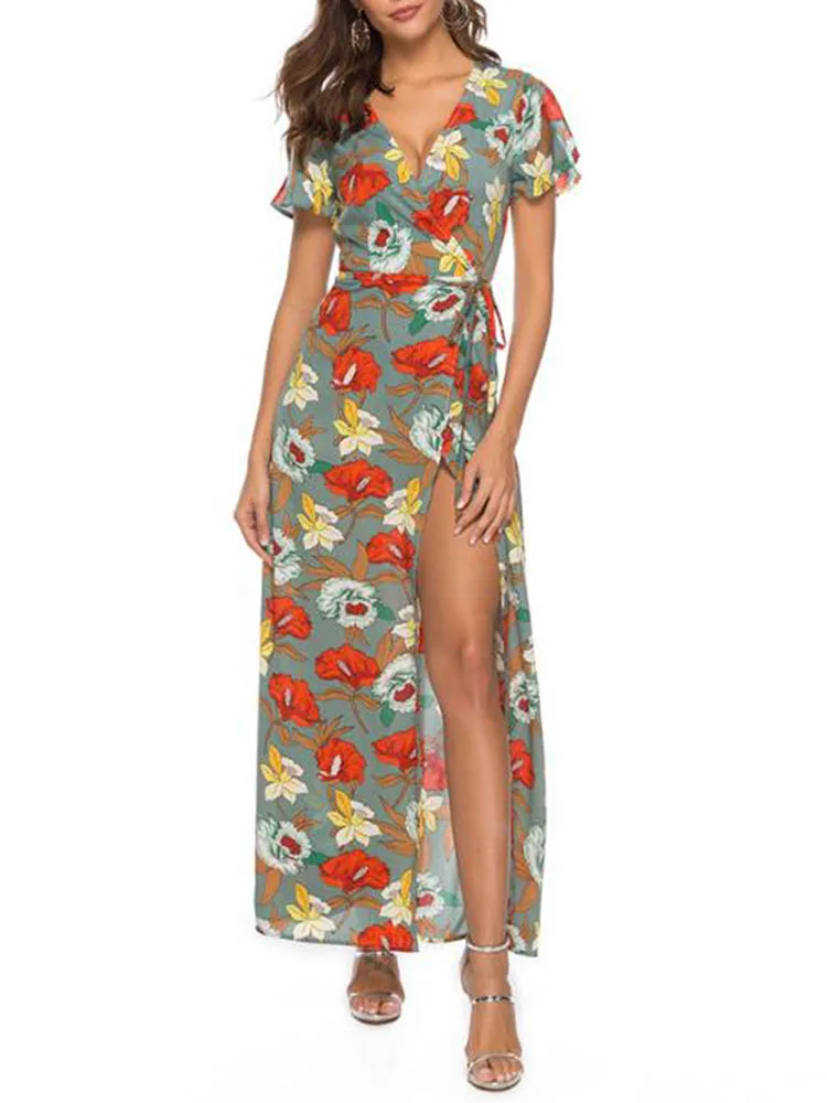 

2019 Hotsale Long Summer Beach Dress Women Sexy Deep V Floral Chiffon Maxi Dress Front Split Bohemian Dresses robe ete