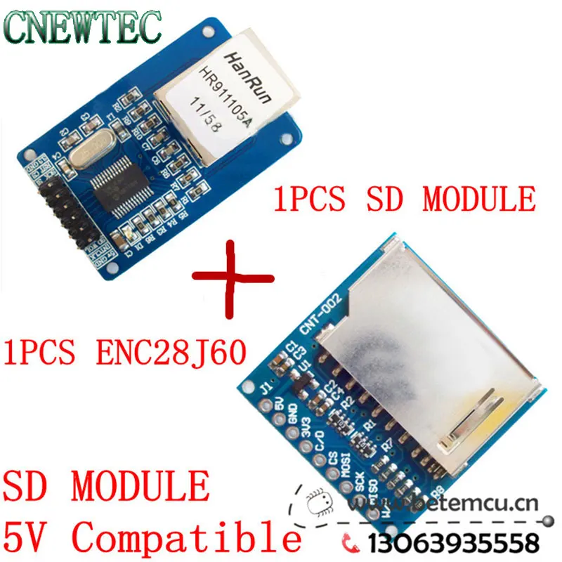 1 лот = 1 шт. ENC28J60 Ethernet LAN сетевой модуль+ 1 шт. 5 В 3,3 В совместимый SD Card модуль Слот Разъем Reader для 51 AVR ARM MCU