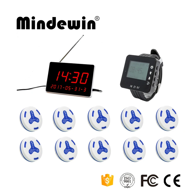 Mindewin Новинка 2017 года Дизайн Ресторан Беспроводной пейджер вызова Системы 10 шт. кнопка вызова официанта + 1 шт. часы пейджер + 1 шт. LED Дисплей