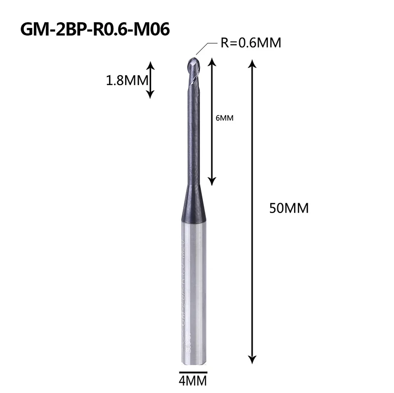 GM-2BP R0.25-0.75, Вольфрамовая сталь, 2 флейты, круглый нос, длинная шея, короткая режущая кромка, с покрытием, Концевая фреза с ЧПУ, фреза, режущие инструменты - Длина режущей кромки: GM-2BP-R0.6-M06