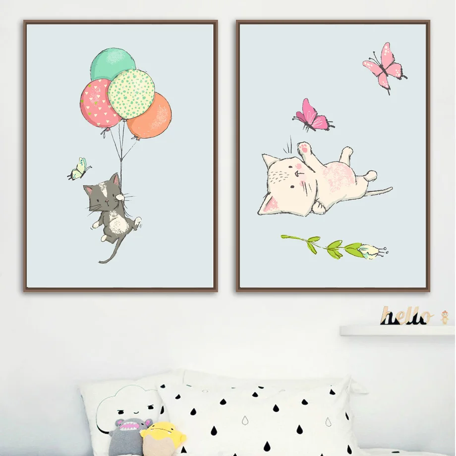 

Cartoon Cat Balloon Butterfly Wall Art Print Canvas Painting Nordic Posters And Prints Baby Wall Pictures For Kids Bedroom Decor
