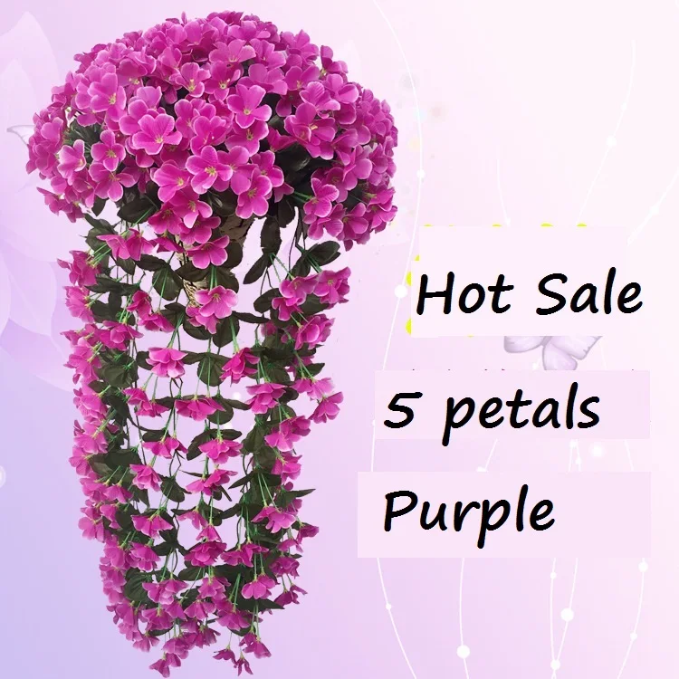 

5 Petals Violet Artificial Flower Decoration Simulation Wall Hanging Basket Flower Orchid Silk Flower Vine Wholesale