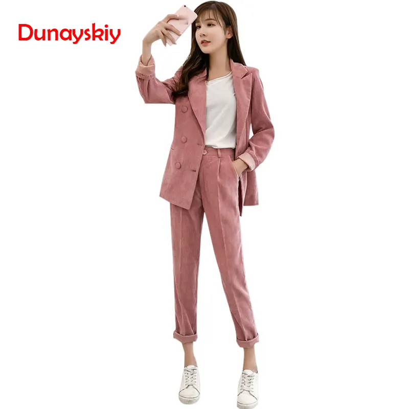 

2019 Spring New Women's Corduroy Blazer Two Piece Sets Notched Collar Casual Jacket Loose Female Clothing