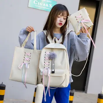 

4Pcs/Set Ribbon Chain Bowknot Letter Canvas Backpack Travel Rucksacks Daypack For Teenage Girls School Bagpack