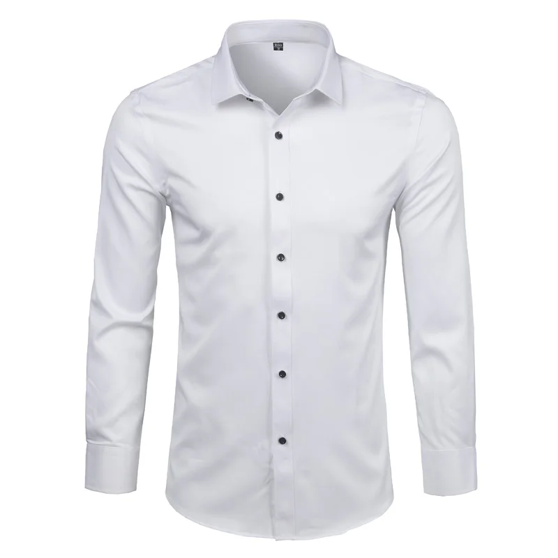 Chemise habillée en fibre de bambou pour hommes, coupe couvertes, monochromatique, manches longues, décontractée, boutonnée, élastique, sans fer, facile d'entretien, chemise formelle