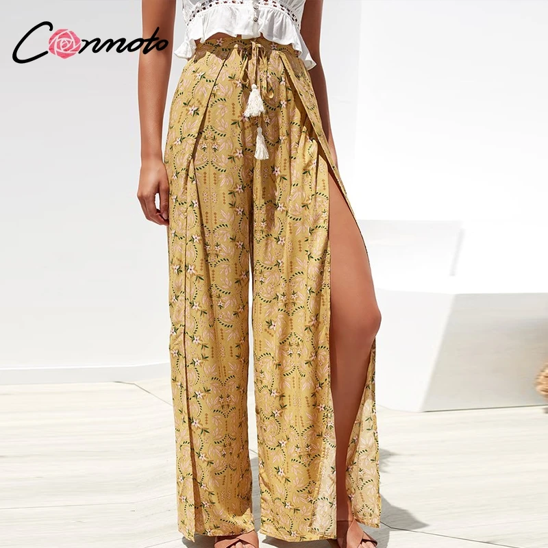 Conmoto Повседневные женские брюки с высокой талией, широкие женские брюки с разрезом, пляжные женские штаны с цветочным принтом, винтажные брюки-капри, лето