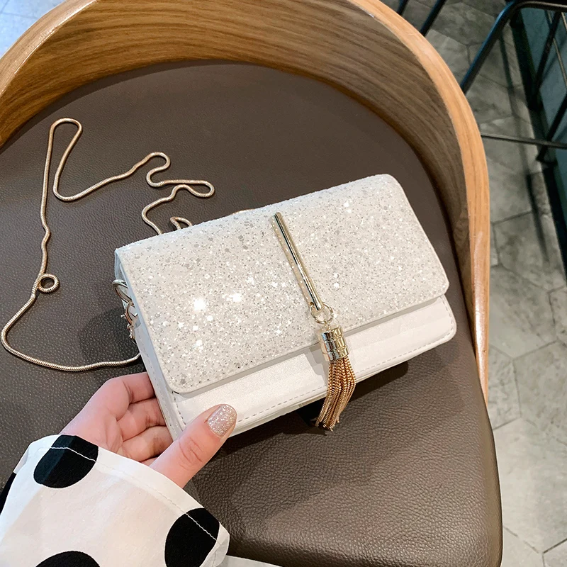

Brand Luxury Sequined Tassel Flap Trendy Chain Women Leather Handbags Designer Square Messenger Bags Ladies Small Shoulder Bags