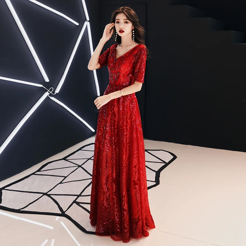 

Evening Dress Wine Red Sequins V-neck A line Elegant Formal Dresses Short Sleeve Backless Party Gown For Women LF392