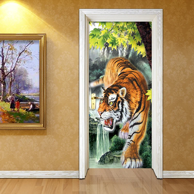 3d дверь стикер Самоклеющиеся животные с тигром, для домашнего декора водонепроницаемый холст печать наклейки ПВХ стены искусство картина костюм для детской комнаты