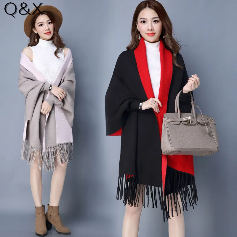 

2020 Oversize Scarf Winter Knitted Poncho Women Solid Designer Cardigan Female Long Sleeves Wrap Two Color Shawl