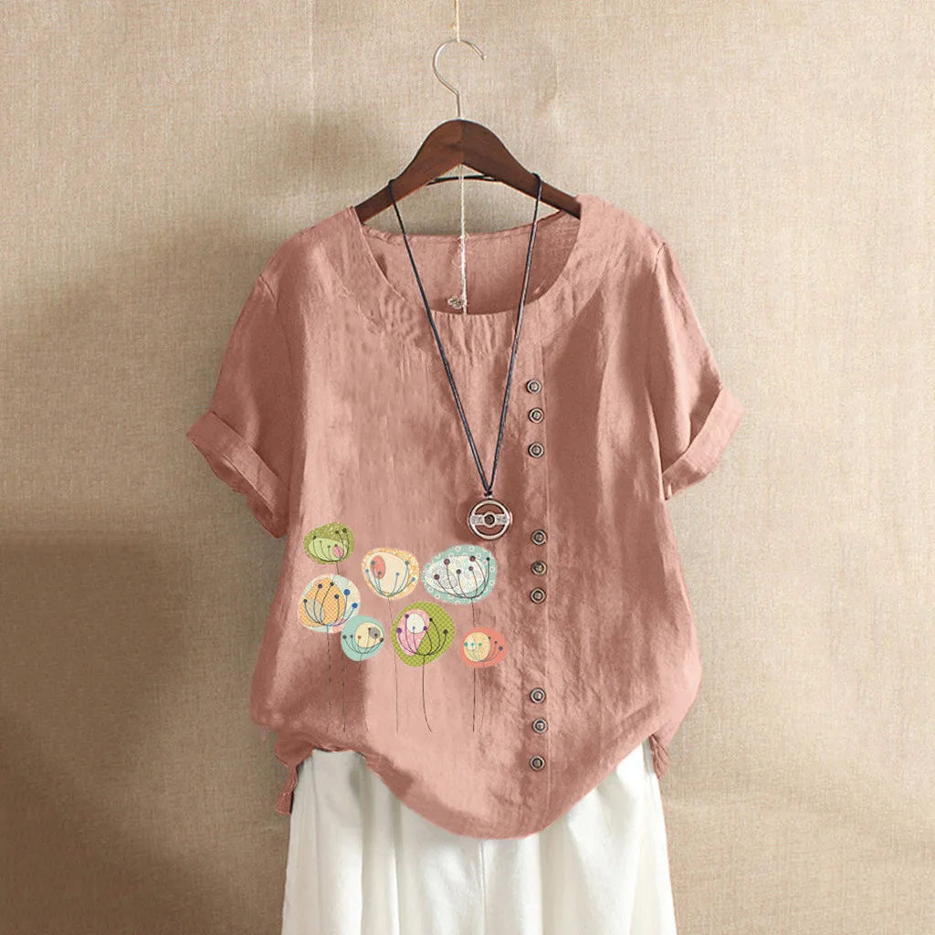 

Blouse 2019 Women Loose Linen Short Sleeve Blouse Mujer Plus Size Casual Button V Neck Solid Shirt Tunic Tops Summer #f